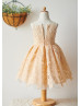 Illusion Neck Peach Lace Organza Knee Length Flower Girl Dress